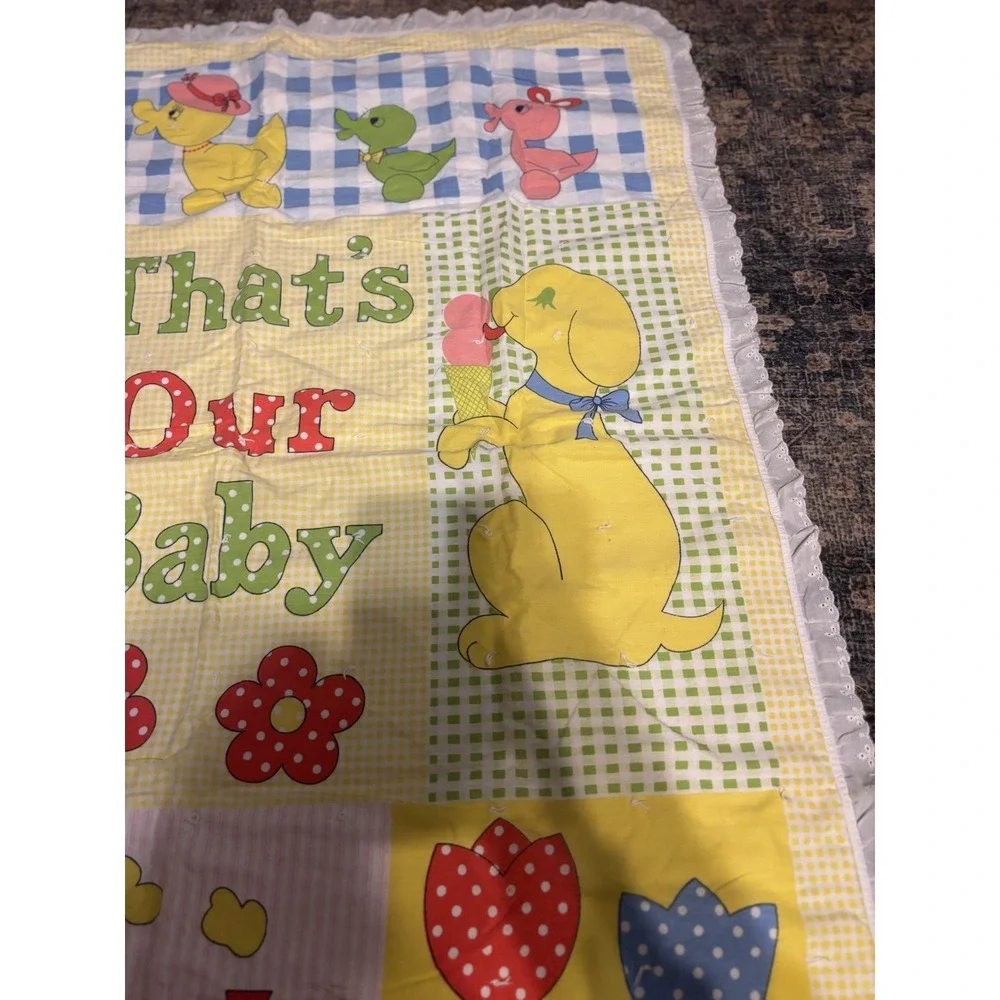 Vtg 80s‎ "That's Our Baby" Crib Blanket Teddy Bear Duck Blocks Bunny 43" X 36" - Picture 2 of 15